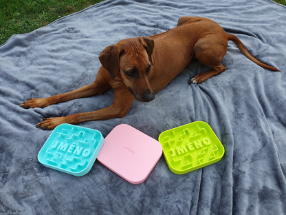 large dog laid on a blanket with 3 large puzzle bowls